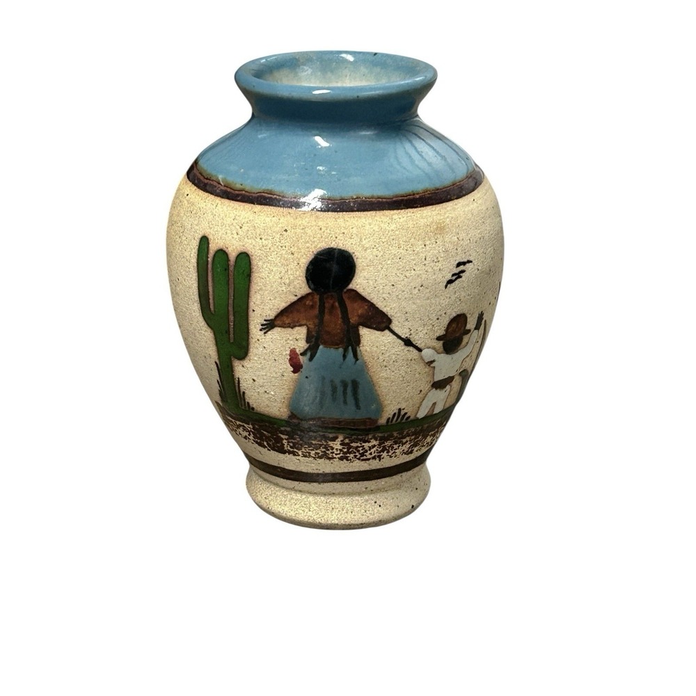 Tonala Vase Mexican Folk Art Pottery Stoneware Mother Child Southwest Decor‎
